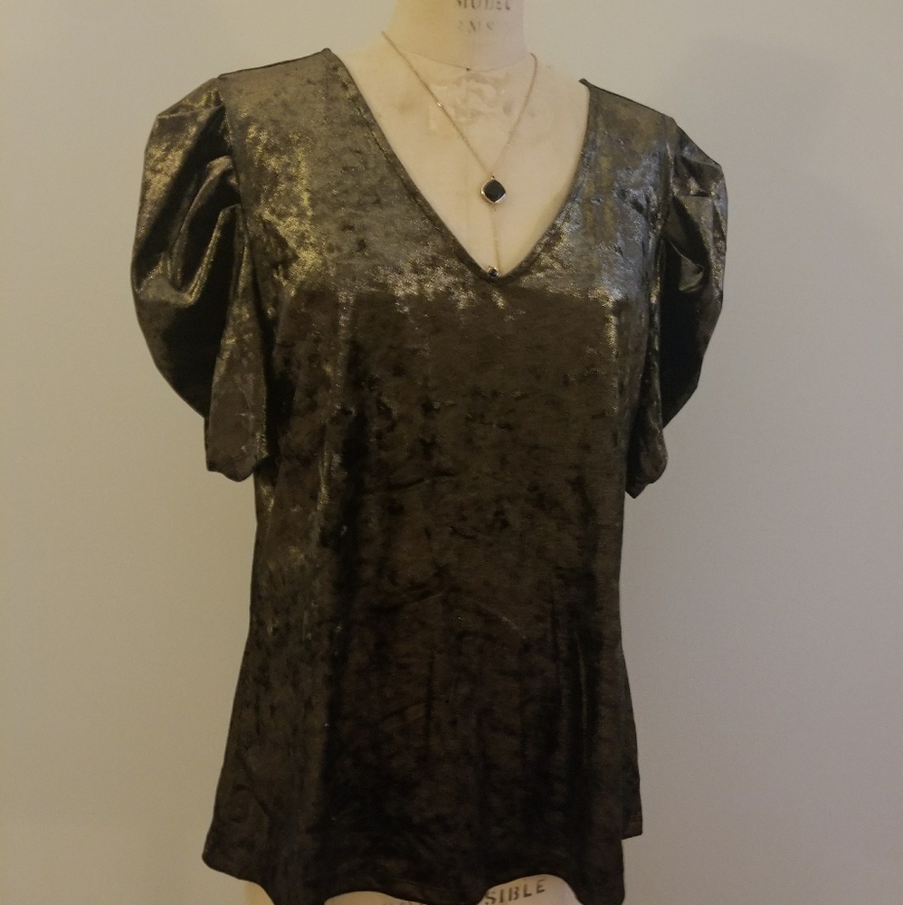 NWT NEW Inc Gold/ Black Velvet top with puff short sleeves
